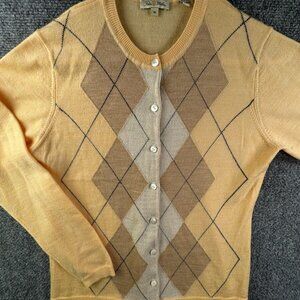 Peter Millar All Merino Wool Cardigan Sweater Women Yellow Diamond Print Medium